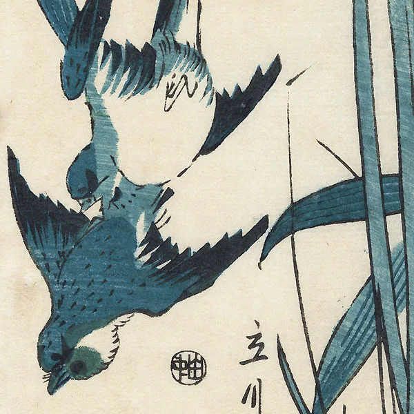 Blue birds and leaves against warm, textured paper.