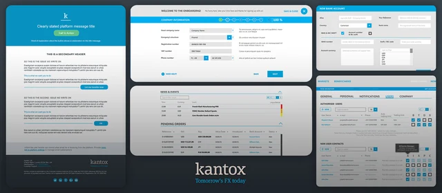 Kantox financial platform with onboarding steps, bank account setup and transaction views.