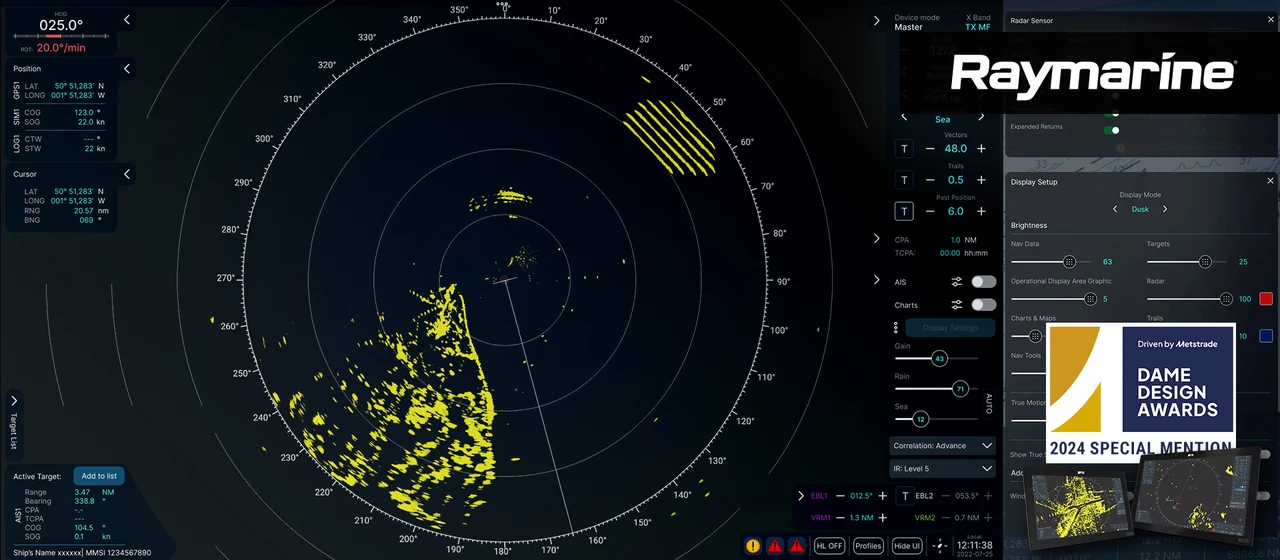 Raymarine Pathfinder radar interface with target information, radar controls and its bridge display.