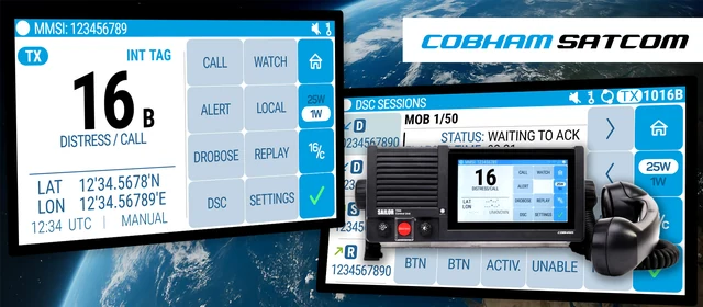 SAILOR maritime radio with its touch interface and communication controls.